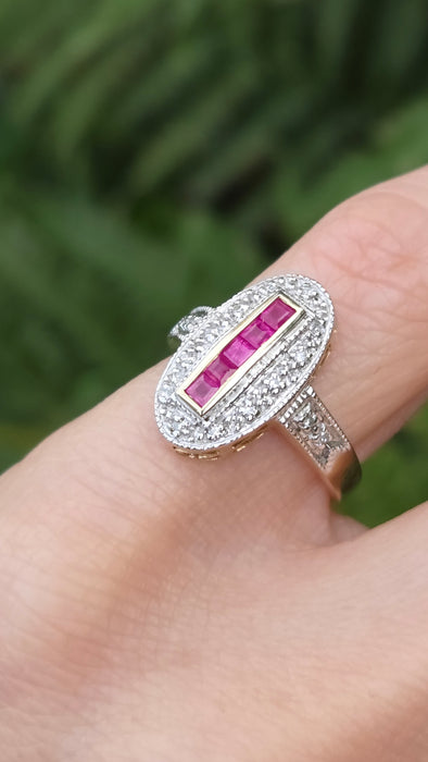 Vintage: 9ct Yellow Gold Ruby 0.35ct & 16-Diamond Art Deco Style Panel Ring