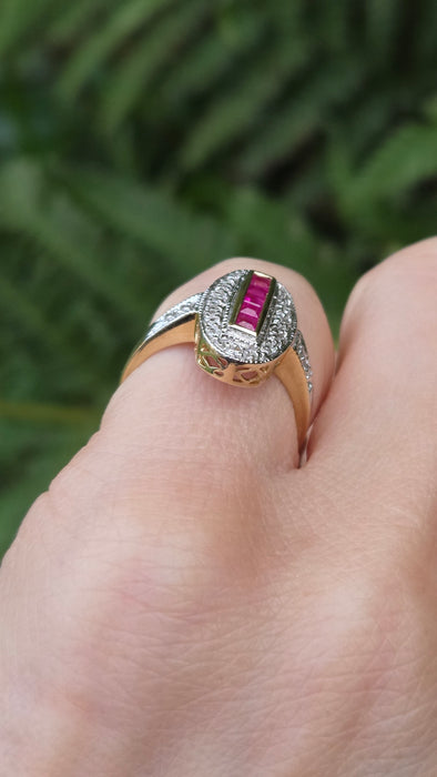 Vintage: 9ct Yellow Gold Ruby 0.35ct & 16-Diamond Art Deco Style Panel Ring