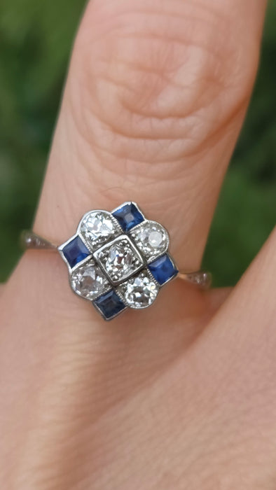 Vintage Art Deco: 18ct Yellow Gold & Platinum Sapphire & Diamond Checkerboard Dress Ring