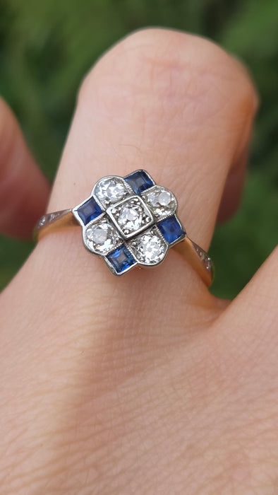 Vintage Art Deco: 18ct Yellow Gold & Platinum Sapphire & Diamond Checkerboard Dress Ring