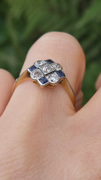 Vintage Art Deco: 18ct Yellow Gold & Platinum Sapphire & Diamond Checkerboard Dress Ring