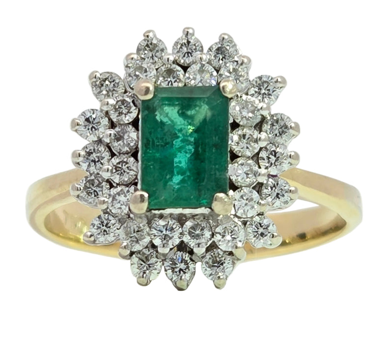 Vintage: 18ct Yellow Gold Emerald 0.85ct & Diamond 1.00ct Dress Cluster Ring