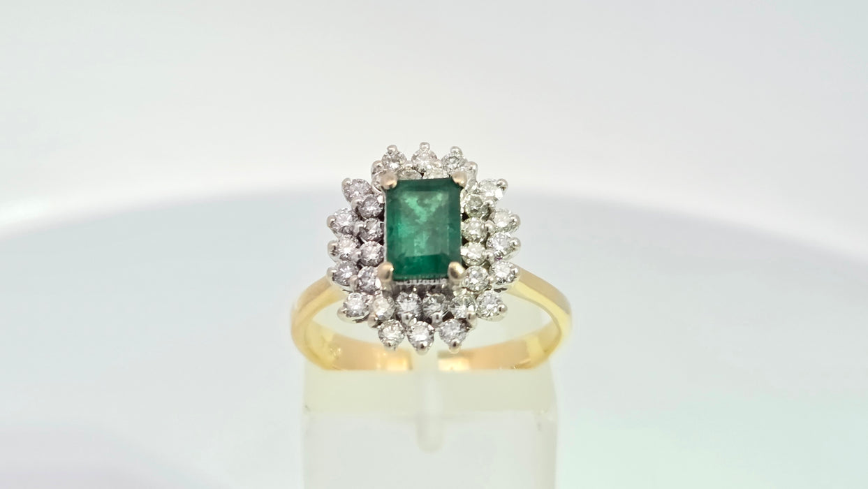 Vintage: 18ct Yellow Gold Emerald 0.85ct & Diamond 1.00ct Dress Cluster Ring