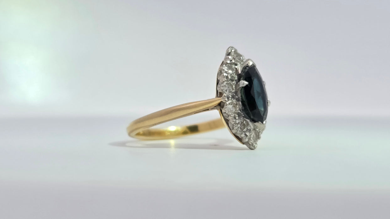 Vintage: 18ct Yellow Gold & Platinum Sapphire 0.92ct & Diamond 0.50ct Navette Cluster Ring