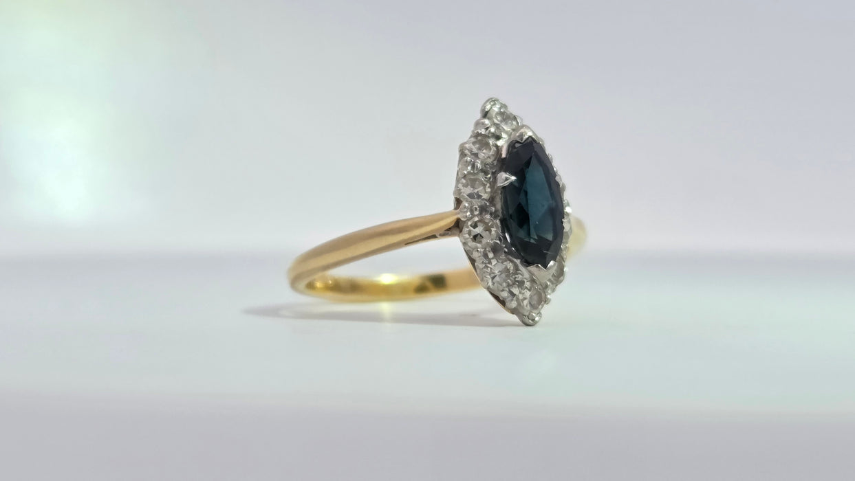 Vintage: 18ct Yellow Gold & Platinum Sapphire 0.92ct & Diamond 0.50ct Navette Cluster Ring