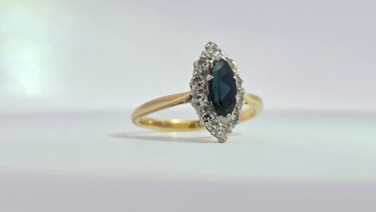 Vintage: 18ct Yellow Gold & Platinum Sapphire 0.92ct & Diamond 0.50ct Navette Cluster Ring