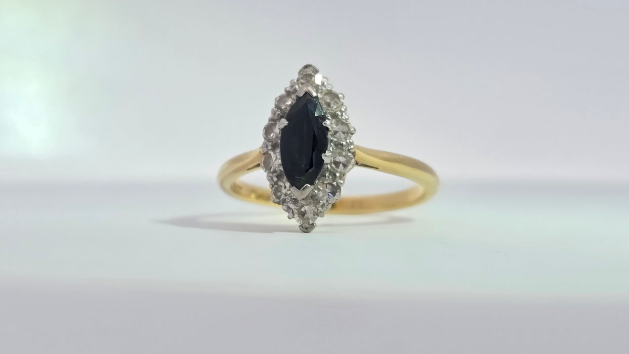 Vintage: 18ct Yellow Gold & Platinum Sapphire 0.92ct & Diamond 0.50ct Navette Cluster Ring