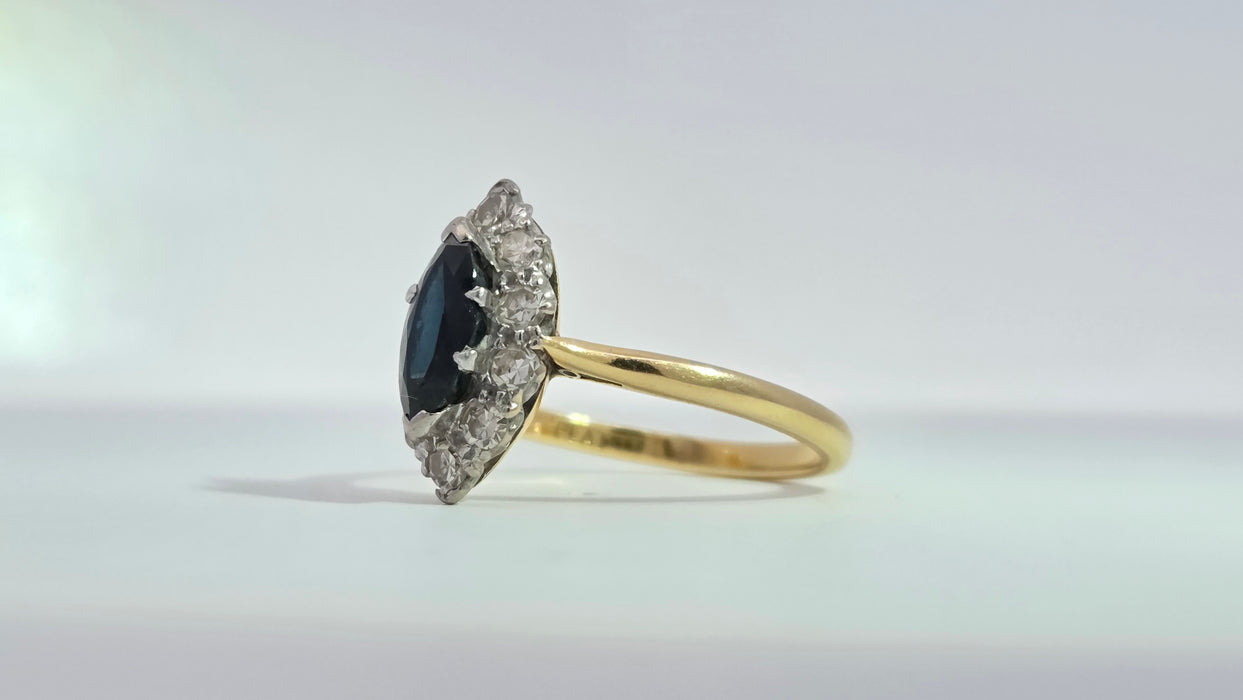 Vintage: 18ct Yellow Gold & Platinum Sapphire 0.92ct & Diamond 0.50ct Navette Cluster Ring