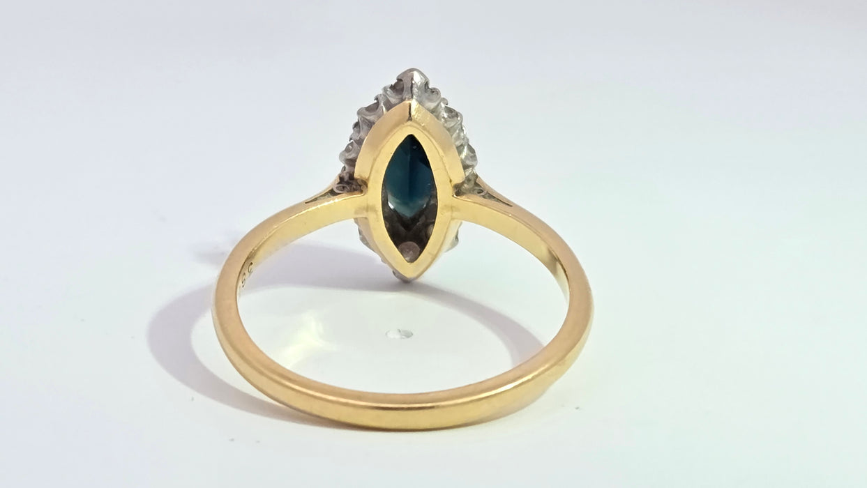Vintage: 18ct Yellow Gold & Platinum Sapphire 0.92ct & Diamond 0.50ct Navette Cluster Ring