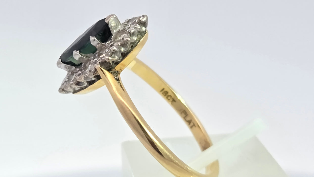 Vintage: 18ct Yellow Gold & Platinum Sapphire 0.92ct & Diamond 0.50ct Navette Cluster Ring