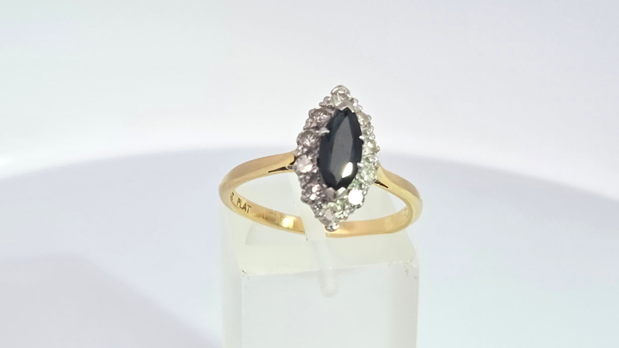 Vintage: 18ct Yellow Gold & Platinum Sapphire 0.92ct & Diamond 0.50ct Navette Cluster Ring
