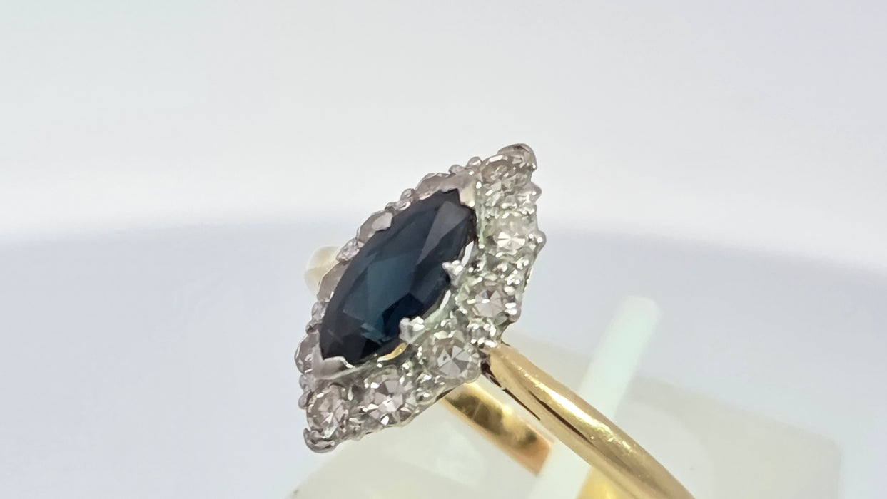 Vintage: 18ct Yellow Gold & Platinum Sapphire 0.92ct & Diamond 0.50ct Navette Cluster Ring