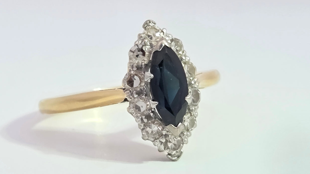 Vintage: 18ct Yellow Gold & Platinum Sapphire 0.92ct & Diamond 0.50ct Navette Cluster Ring