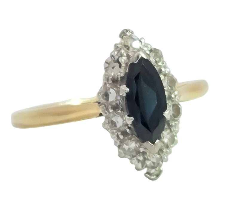 Vintage: 18ct Yellow Gold & Platinum Sapphire 0.92ct & Diamond 0.50ct Navette Cluster Ring