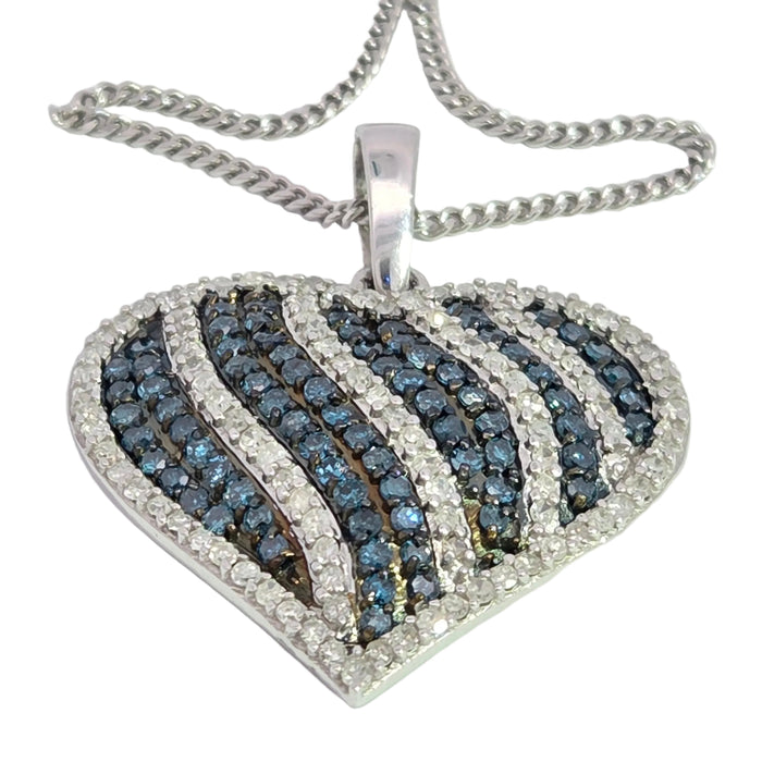 Vintage: 9ct White Gold Blue & White Diamond 1.36ct Heart Pendant & Curb Chain