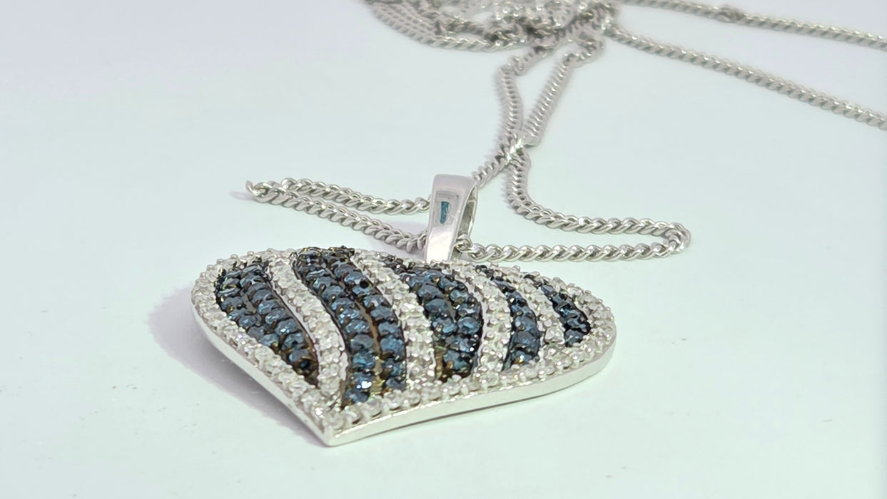Vintage: 9ct White Gold Blue & White Diamond 1.36ct Heart Pendant & Curb Chain