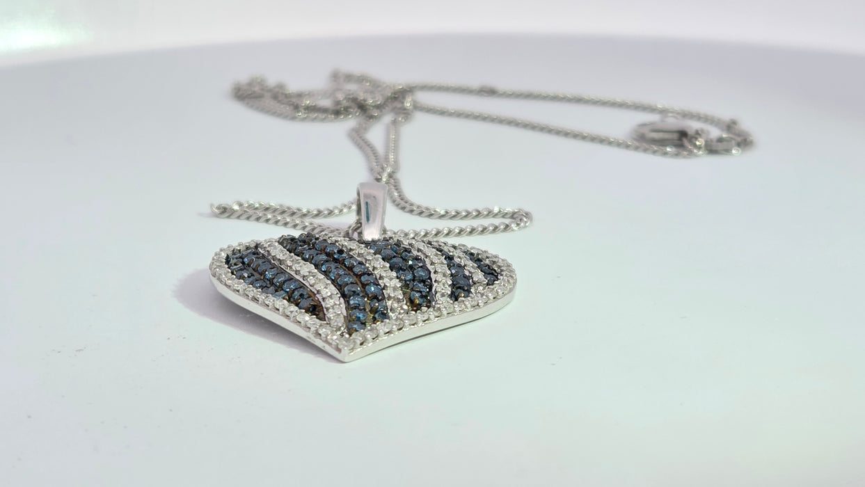 Vintage: 9ct White Gold Blue & White Diamond 1.36ct Heart Pendant & Curb Chain