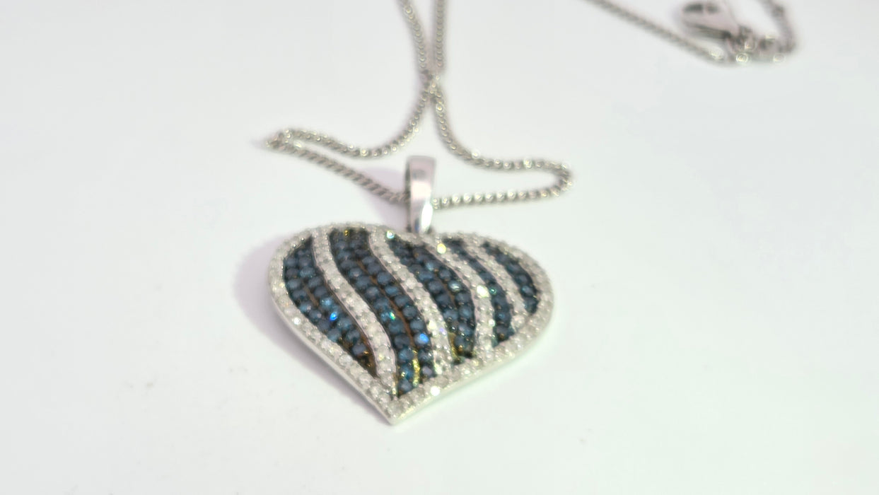 Vintage: 9ct White Gold Blue & White Diamond 1.36ct Heart Pendant & Curb Chain