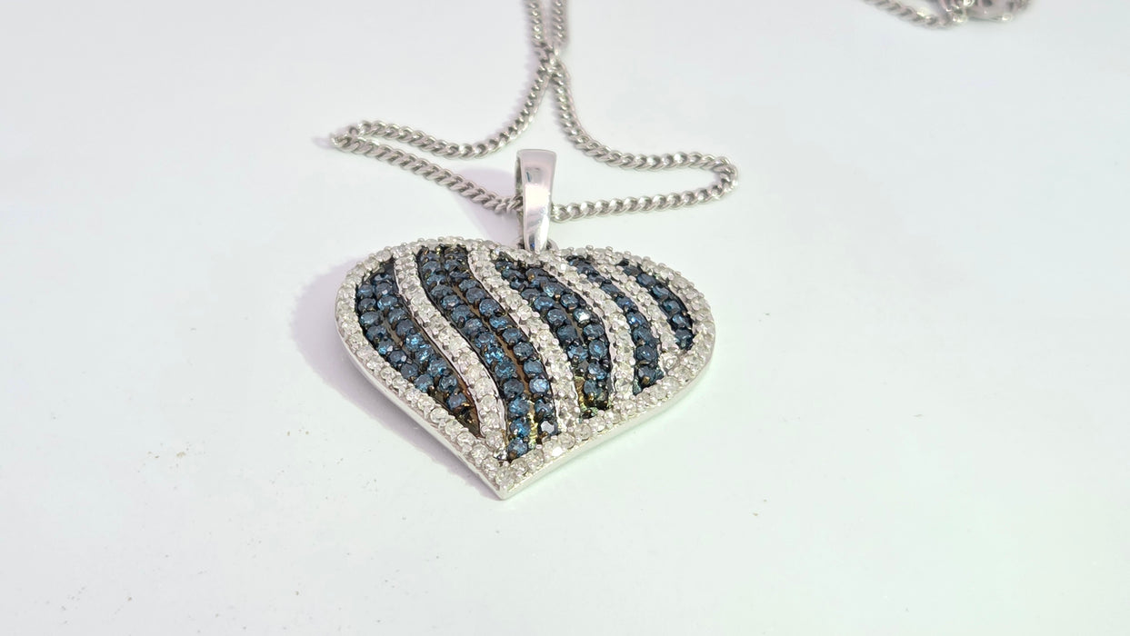 Vintage: 9ct White Gold Blue & White Diamond 1.36ct Heart Pendant & Curb Chain