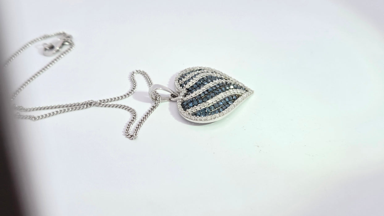 Vintage: 9ct White Gold Blue & White Diamond 1.36ct Heart Pendant & Curb Chain
