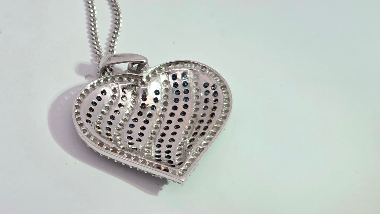 Vintage: 9ct White Gold Blue & White Diamond 1.36ct Heart Pendant & Curb Chain