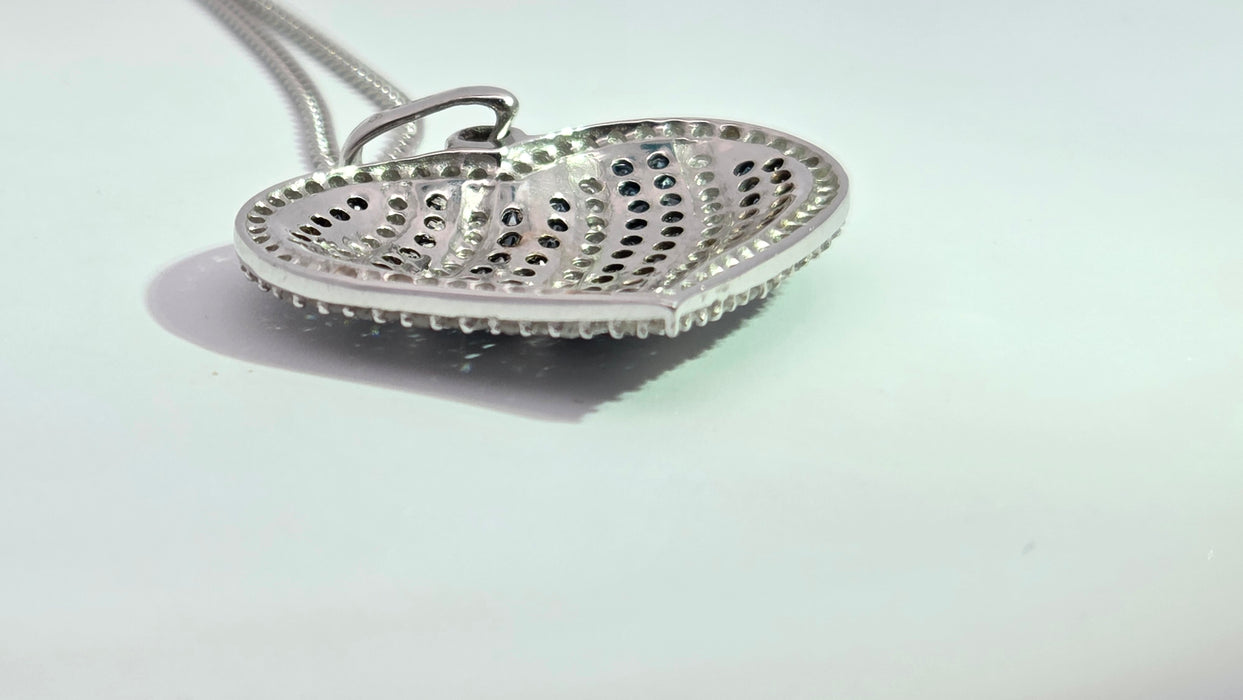 Vintage: 9ct White Gold Blue & White Diamond 1.36ct Heart Pendant & Curb Chain