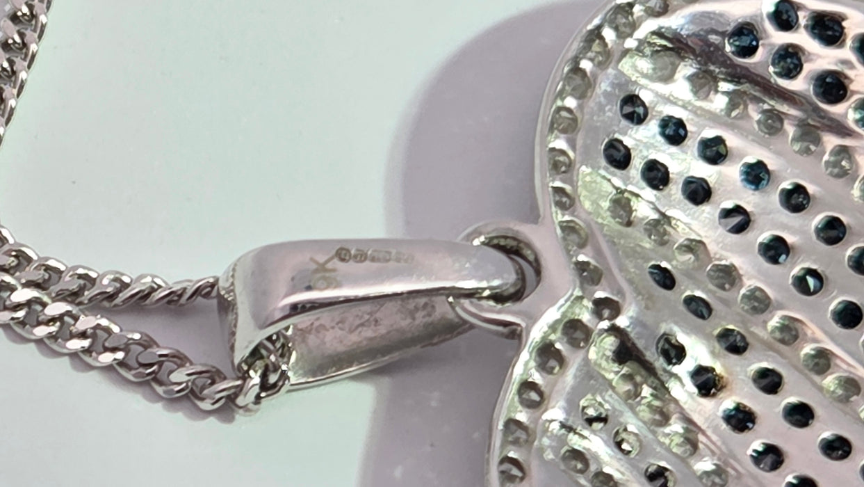 Vintage: 9ct White Gold Blue & White Diamond 1.36ct Heart Pendant & Curb Chain