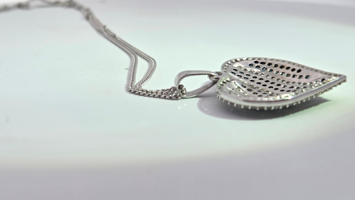 Vintage: 9ct White Gold Blue & White Diamond 1.36ct Heart Pendant & Curb Chain
