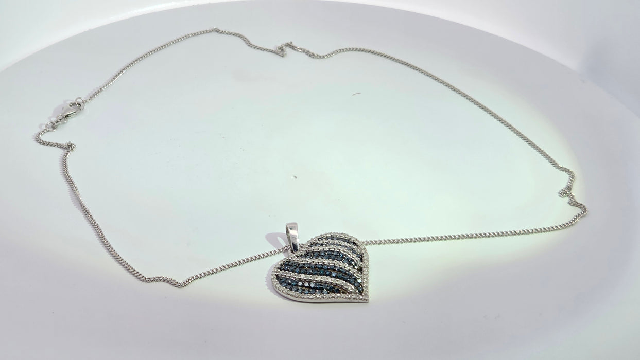 Vintage: 9ct White Gold Blue & White Diamond 1.36ct Heart Pendant & Curb Chain