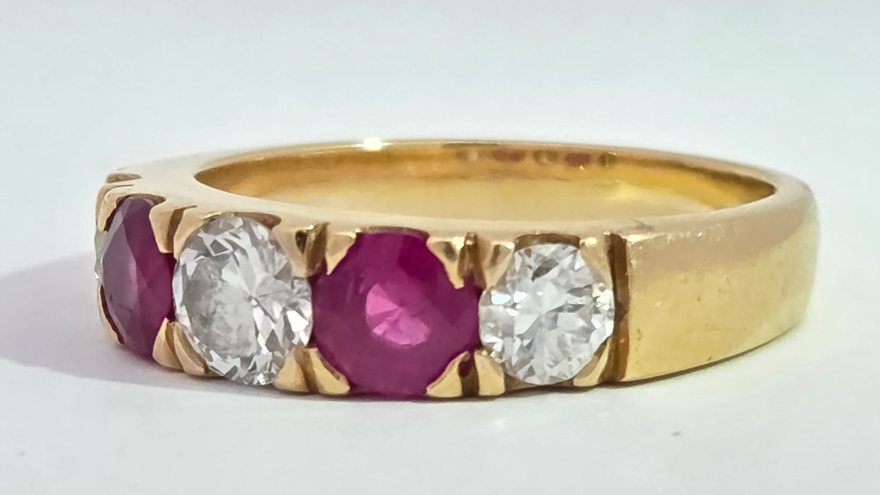 Vintage: 18ct Yellow Gold Ruby 1.02ct & Diamond 1.00ct Five Stone Half Hoop Ring