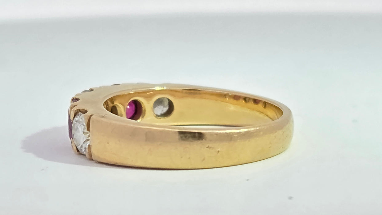 Vintage: 18ct Yellow Gold Ruby 1.02ct & Diamond 1.00ct Five Stone Half Hoop Ring
