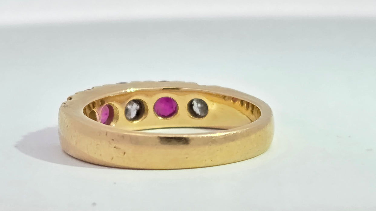 Vintage: 18ct Yellow Gold Ruby 1.02ct & Diamond 1.00ct Five Stone Half Hoop Ring