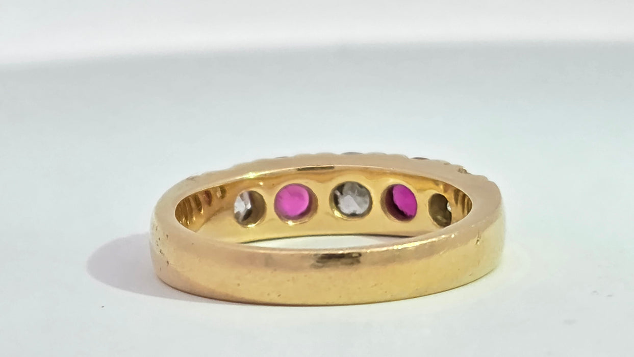 Vintage: 18ct Yellow Gold Ruby 1.02ct & Diamond 1.00ct Five Stone Half Hoop Ring