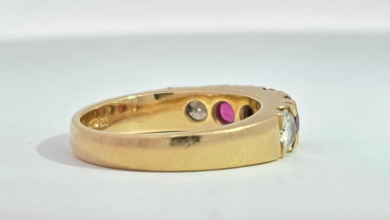 Vintage: 18ct Yellow Gold Ruby 1.02ct & Diamond 1.00ct Five Stone Half Hoop Ring