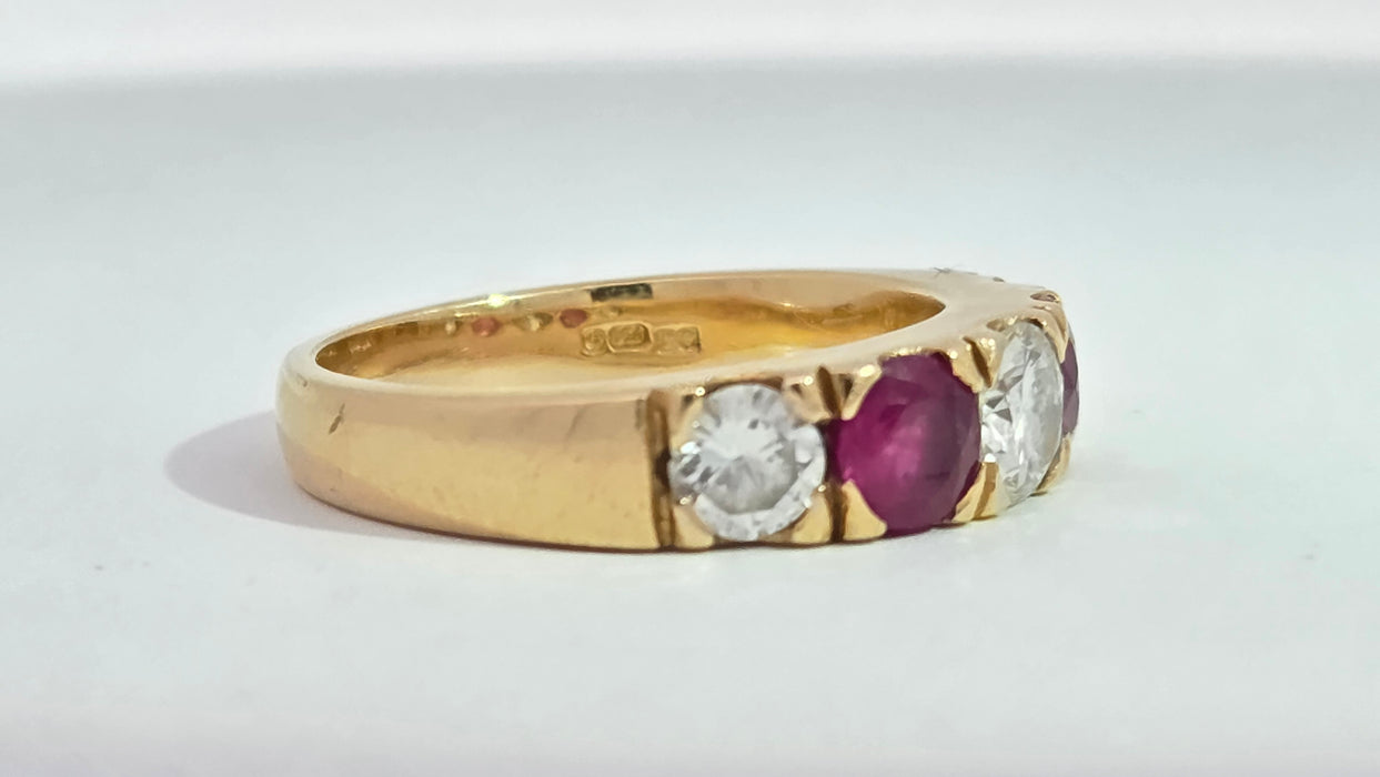 Vintage: 18ct Yellow Gold Ruby 1.02ct & Diamond 1.00ct Five Stone Half Hoop Ring