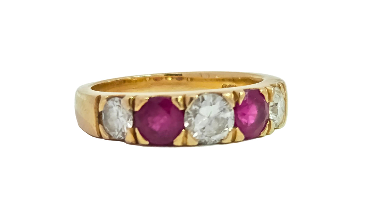 Vintage: 18ct Yellow Gold Ruby 1.02ct & Diamond 1.00ct Five Stone Half Hoop Ring