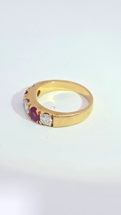 Vintage: 18ct Yellow Gold Ruby 1.02ct & Diamond 1.00ct Five Stone Half Hoop Ring