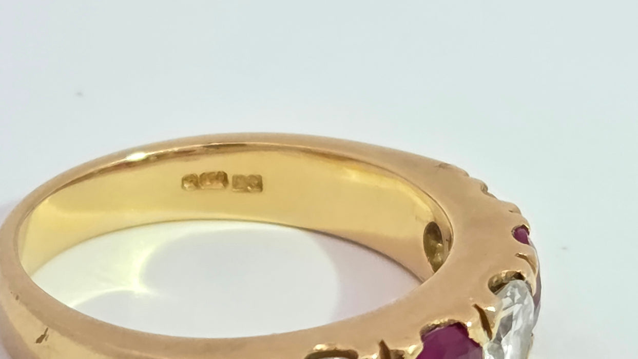 Vintage: 18ct Yellow Gold Ruby 1.02ct & Diamond 1.00ct Five Stone Half Hoop Ring