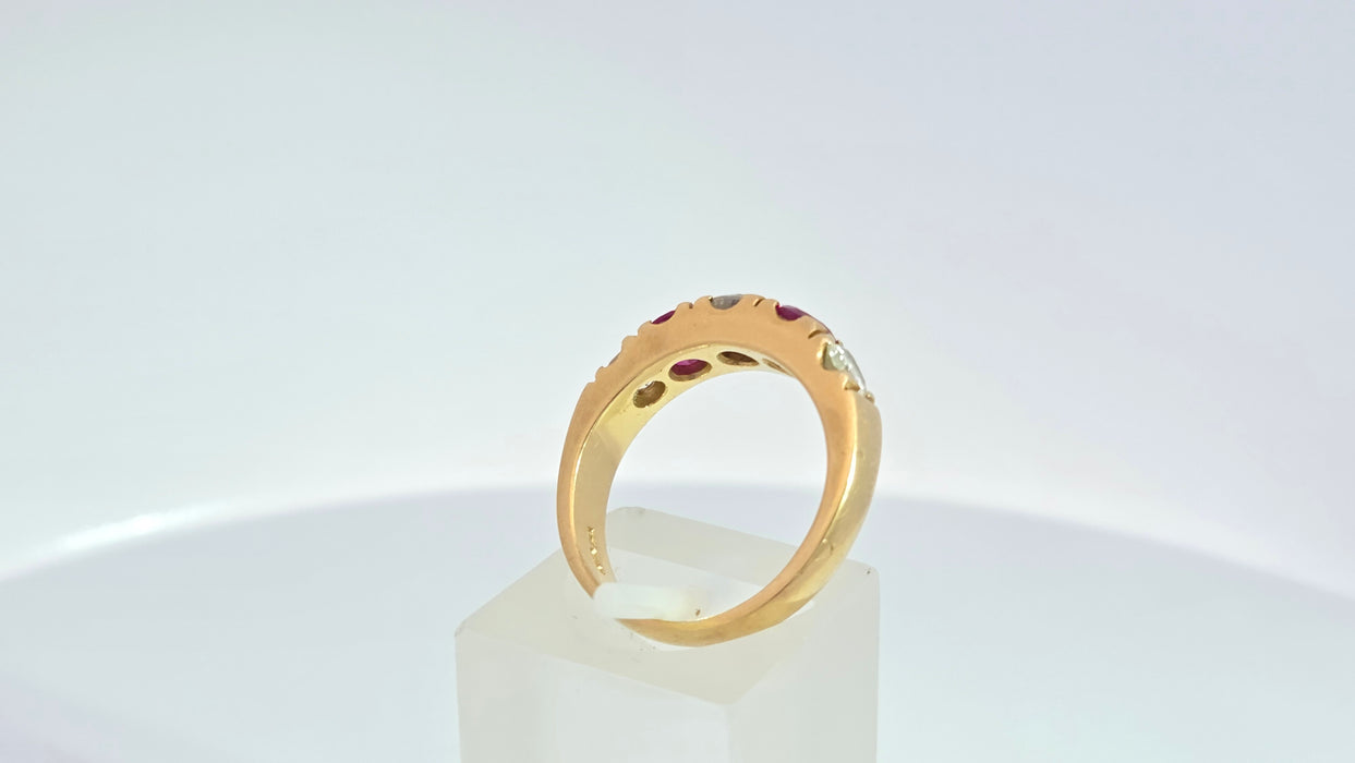 Vintage: 18ct Yellow Gold Ruby 1.02ct & Diamond 1.00ct Five Stone Half Hoop Ring