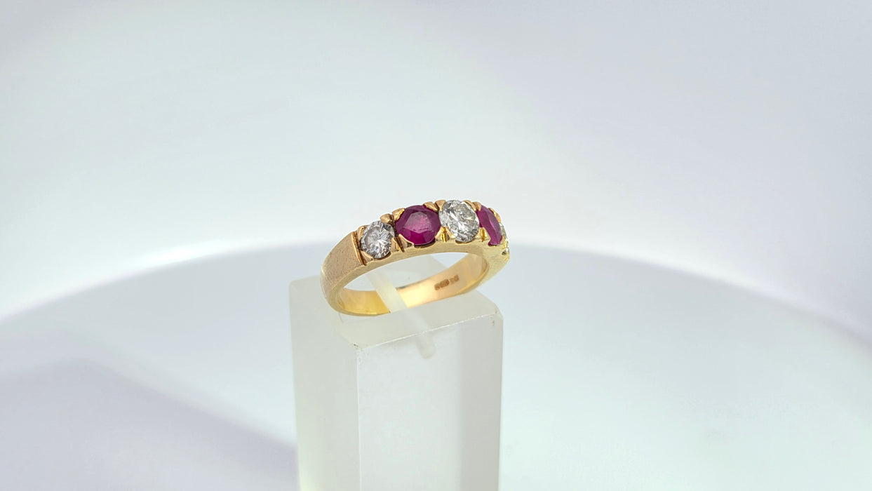 Vintage: 18ct Yellow Gold Ruby 1.02ct & Diamond 1.00ct Five Stone Half Hoop Ring