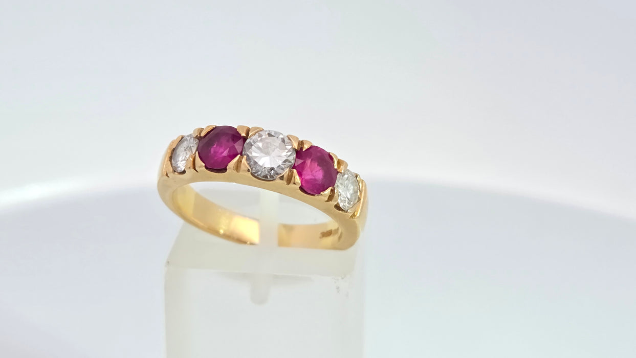Vintage: 18ct Yellow Gold Ruby 1.02ct & Diamond 1.00ct Five Stone Half Hoop Ring