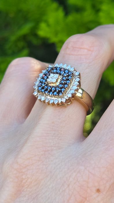 Vintage: 9ct Yellow Gold Black & White Diamond 1.01ct Art Deco-Style Dress Cluster Ring