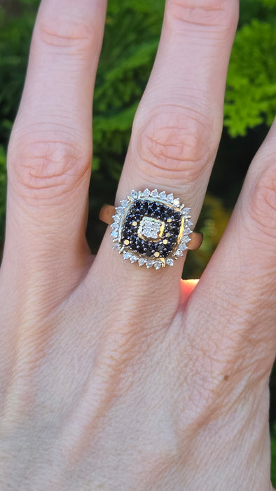 Vintage: 9ct Yellow Gold Black & White Diamond 1.01ct Art Deco-Style Dress Cluster Ring
