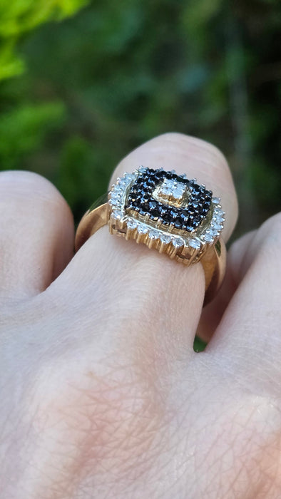 Vintage: 9ct Yellow Gold Black & White Diamond 1.01ct Art Deco-Style Dress Cluster Ring