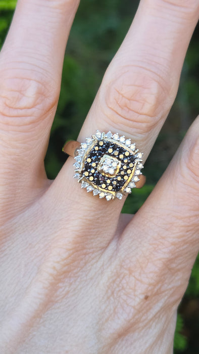 Vintage: 9ct Yellow Gold Black & White Diamond 1.01ct Art Deco-Style Dress Cluster Ring