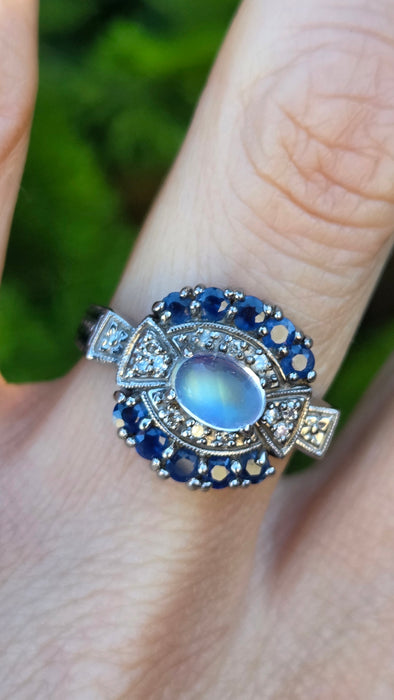 Vintage: 14ct White Gold Art Deco Style Moonstone, Sapphire & Diamond Dress Ring