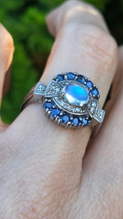 Vintage: 14ct White Gold Art Deco Style Moonstone, Sapphire & Diamond Dress Ring