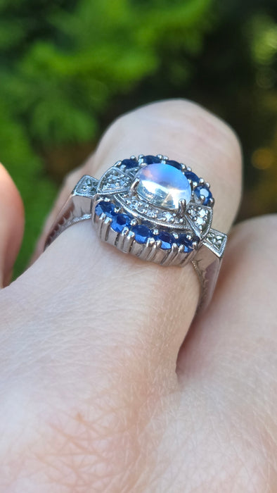 Vintage: 14ct White Gold Art Deco Style Moonstone, Sapphire & Diamond Dress Ring