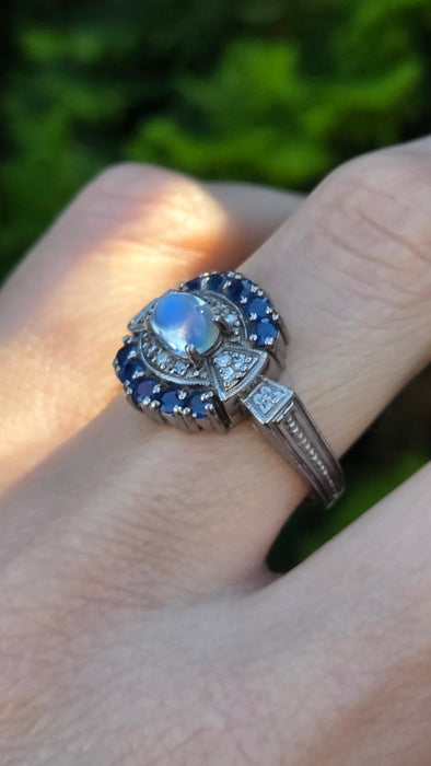 Vintage: 14ct White Gold Art Deco Style Moonstone, Sapphire & Diamond Dress Ring