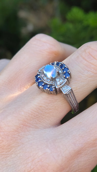 Vintage: 14ct White Gold Art Deco Style Moonstone, Sapphire & Diamond Dress Ring